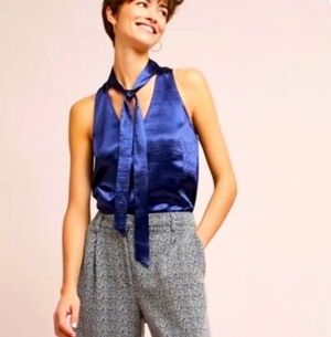 Anthropologie Maeve Tie Neck Swing Blouse in Navy Sleeveless